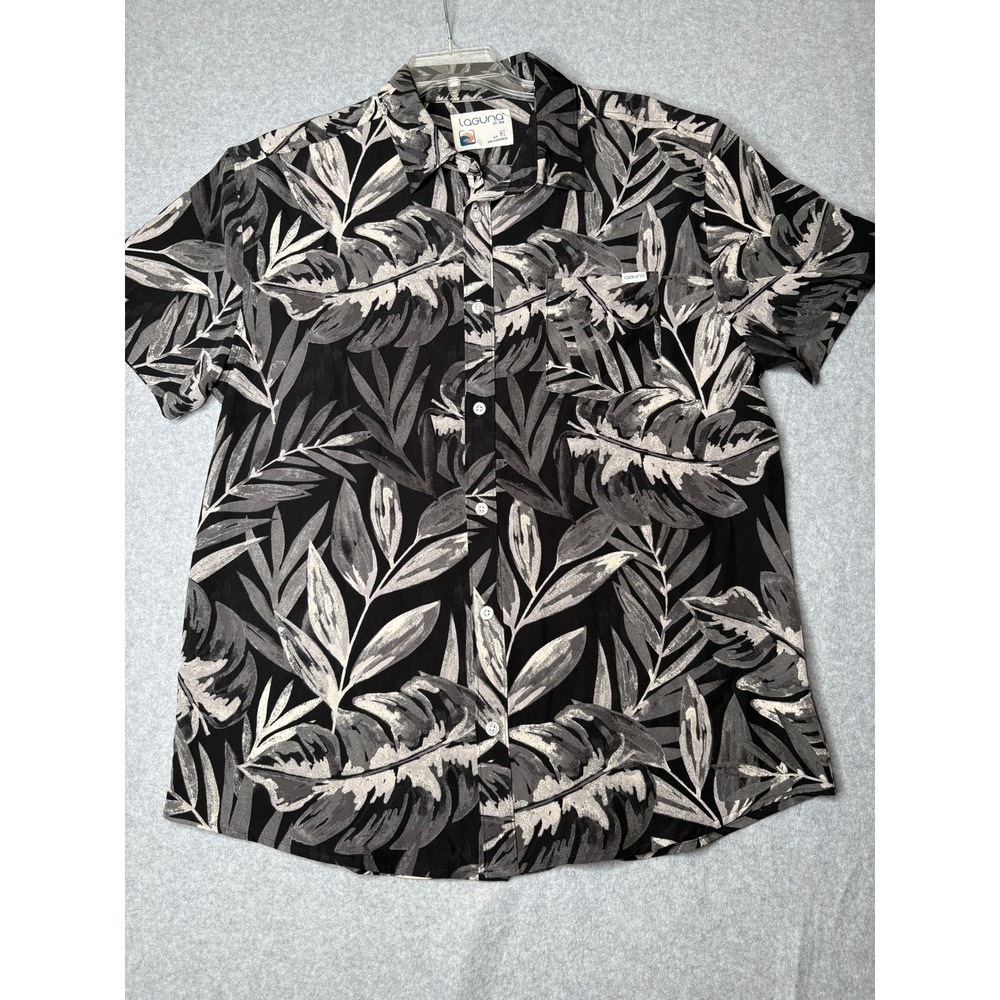 Laguna Mens XL Short Sleeve Button Down Shirt Tropical Palm Leaf Black Gray